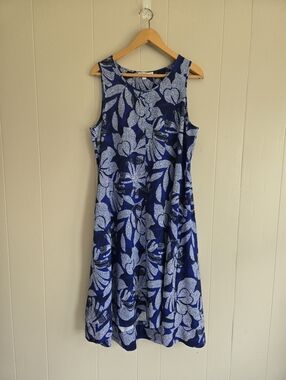 Chico's Midi Dress Sleeveless Blue Stylized Flower Print Pockets Breezy 12